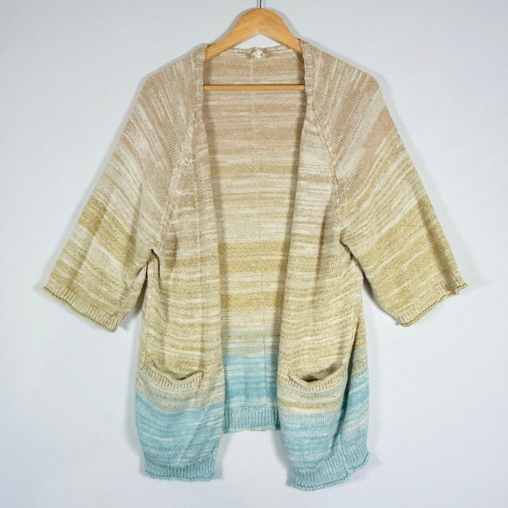 Daily Practice Womens Small Open Front Tan Blue Knit Boho Relax Cardigan Sweater